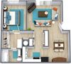 Three dimensional floor plan of a one bedroom apartment with furniture at Stone Oak Apartments in Independence, Missouri